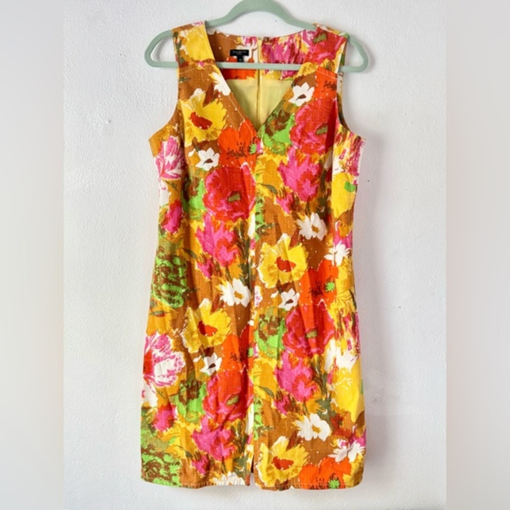 Talbots Vintage 1960s Style Vibrant Floral Watercolor Midi V-Neck Sheath Dress